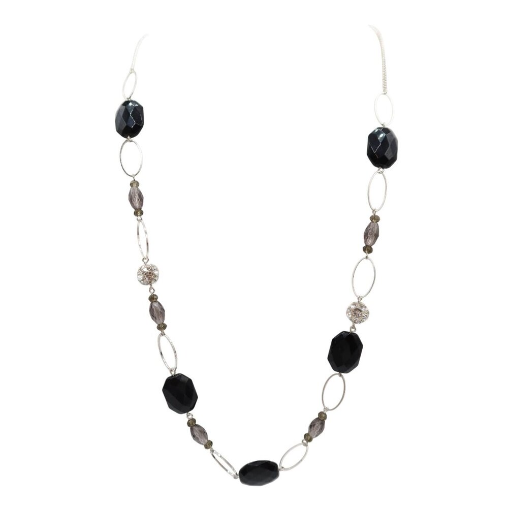 AVON Long Open Link Rhinestone & Beaded Necklace Black Silver Tone NRT Station